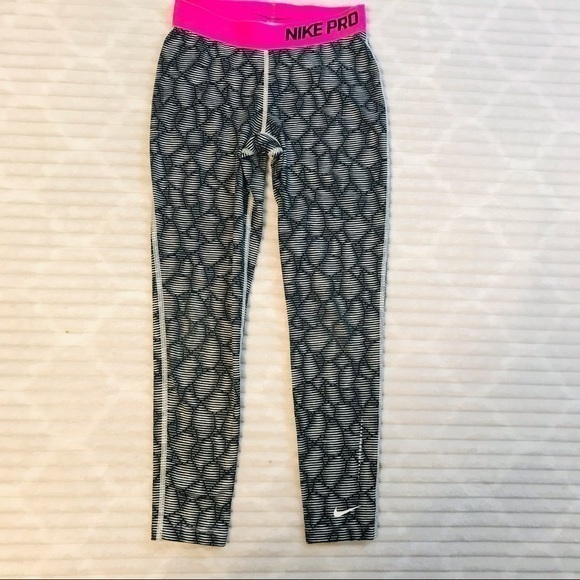 Nike Pro Running Tights Black White Pink Print Crop Leggings Size Small - Picture 1 of 9